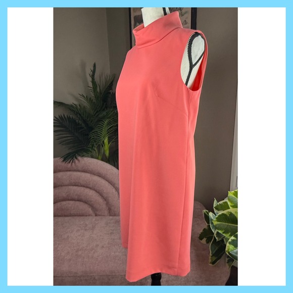 Sleeveless Coral Pink Shift Dress Mock Turtleneck Mod Style - Picture 9 of 12